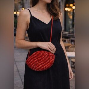 Inge Christopher Red Beaded Sequin Crossbody Clutch Evening Bag